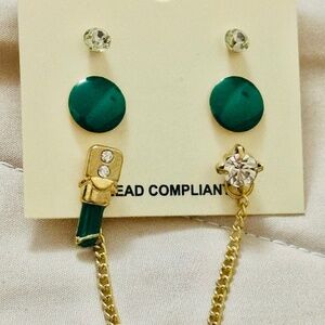 2/$15 Stud earrings  3 Sets w/Green & rhinestones, Champagne bottle